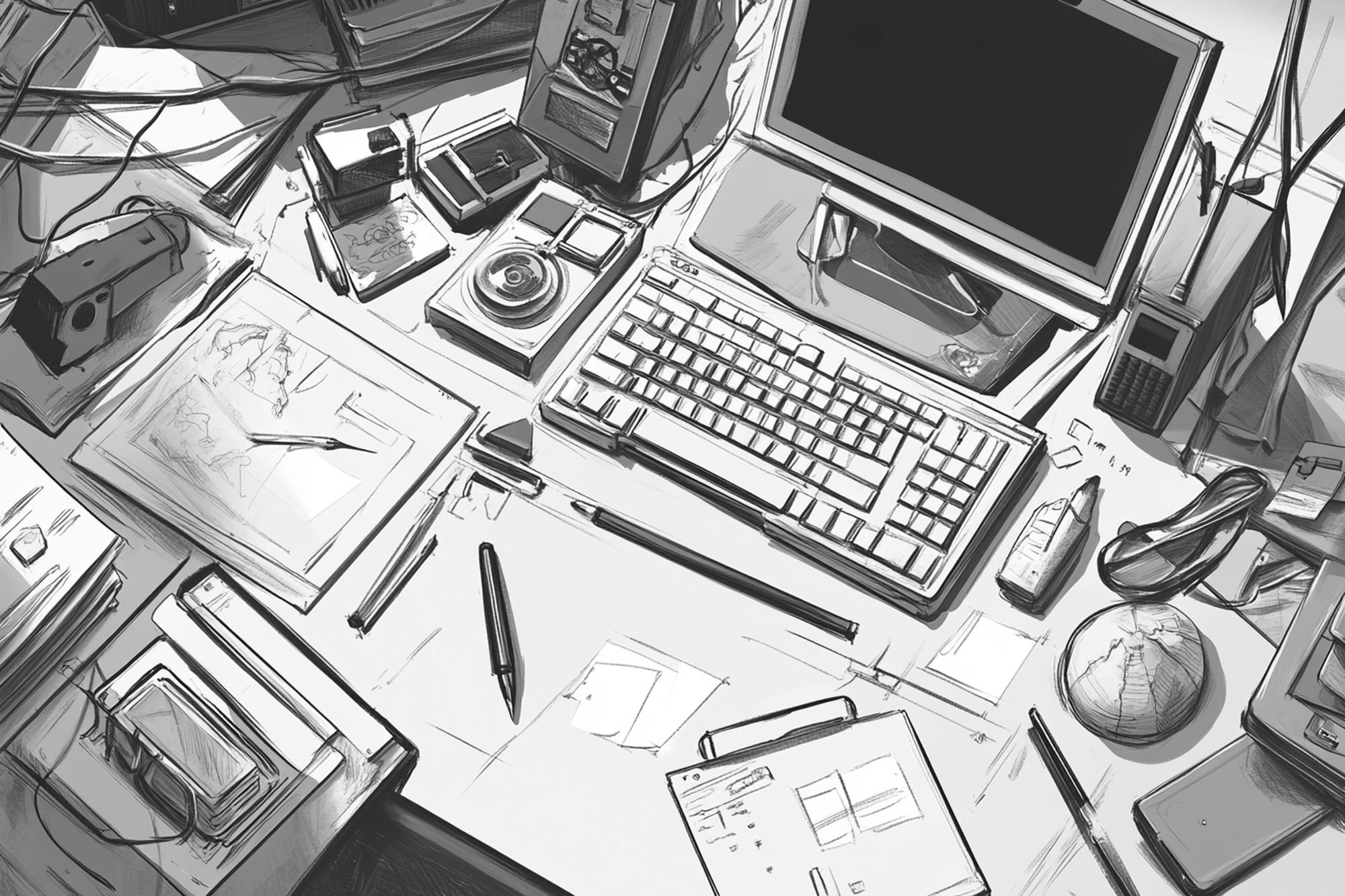 Workstation with game sketches and monitor